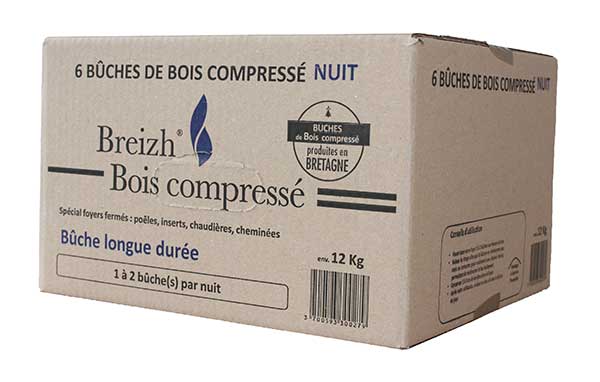 Carton bûches bois compressé nuit Breizh Pellet