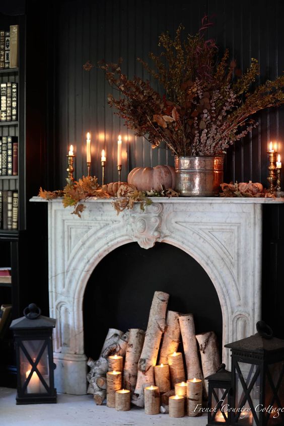 Décoration automne pour la cheminée bois chauffage